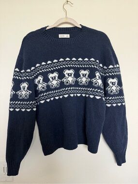 Hollister Navy Teddy Bear Pattern Crewneck Sweater